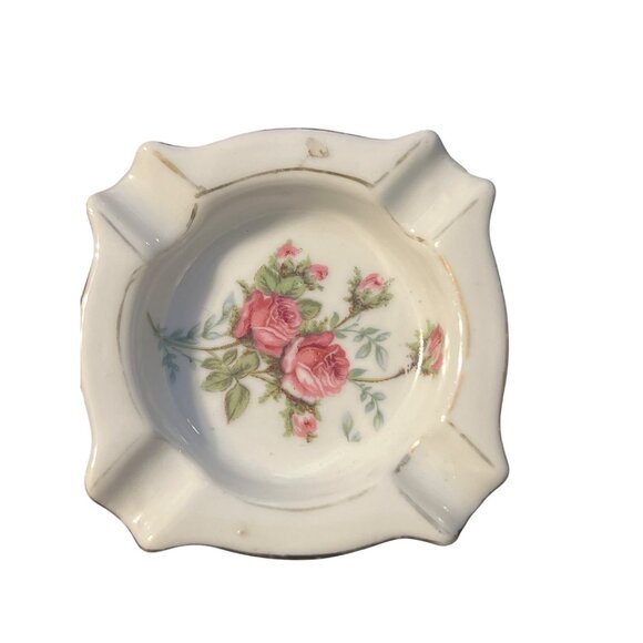 Vtg Set 2 Gold Castle Porcelain Personal Ashtray Pink Flowers Floral Estate 3" - Picture 3 of 5